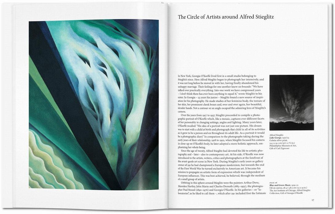 Open book with a page featuring an abstract artwork and text on Alfred Stieglitz.