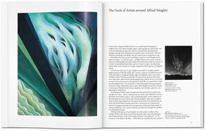 Open book with a page featuring an abstract artwork and text on Alfred Stieglitz.