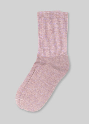 b8c350f26f298867cb6100e65e3a5024aa2b3c7c6767ae53cfa751fab730198b front view, ribbed pink and purple crew sock on gray background