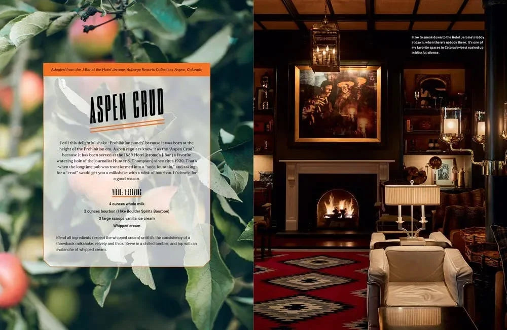 Aspen Crud recipe on apple tree background, elegant lounge with fireplace and western decor