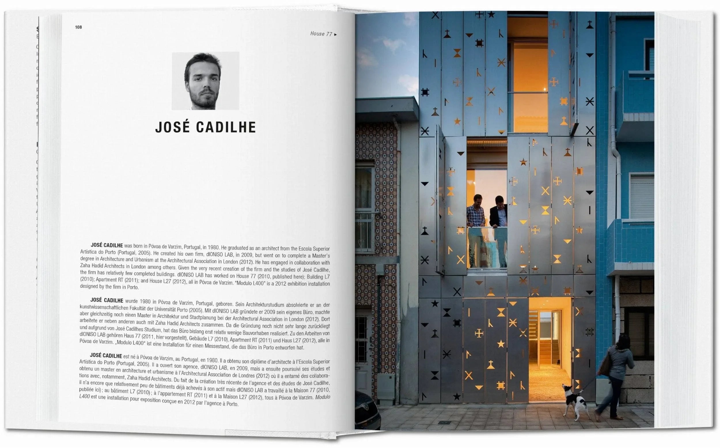 Open book showing a page with text and a photograph of a building with decorative metalwork.