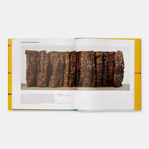 Open art book displaying a wood sculpture photograph on white pages with yellow cover