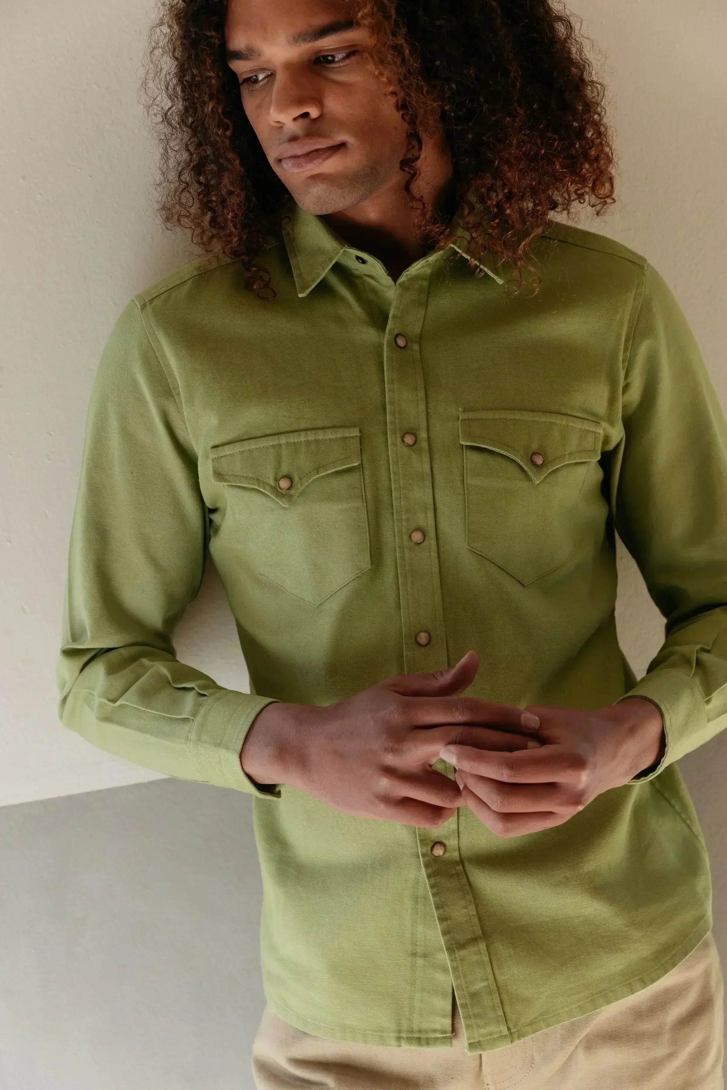 トップス WASHI DUCK CANVAS HALF SLEEVED SHIRTS Duck Canvas Weekday Western Shirt | Cyber Lime Pearl Snap