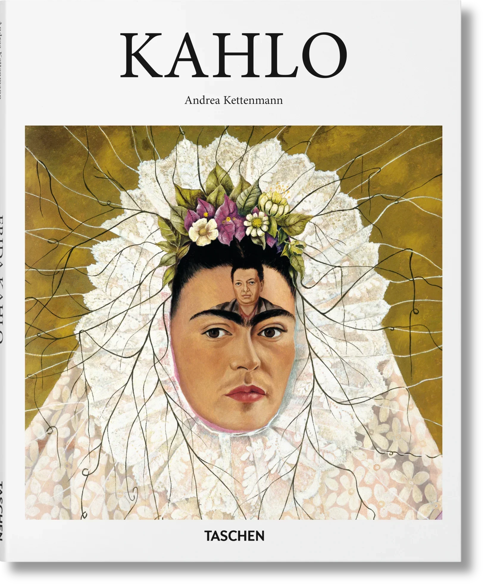 KAHLO book cover featuring Frida Kahlo portrait with flowers and intricate lace headdress