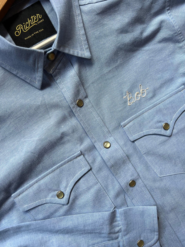 Pecos Pearl Snap in Chambray with Chainstitch Richter Goods | Made by us in the U.S.