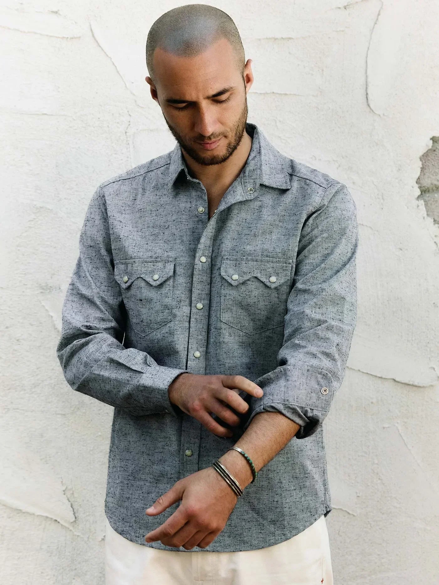richter-longSleeve front, men's western long sleeve pearl snap shirt in grey, close view