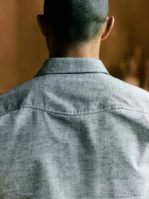 richter-longSleeve back view, speckled grey western long sleeve shirt close-up