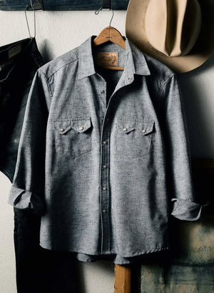 richter-longSleeve front view, gray western long sleeve pearl snap shirt on hanger